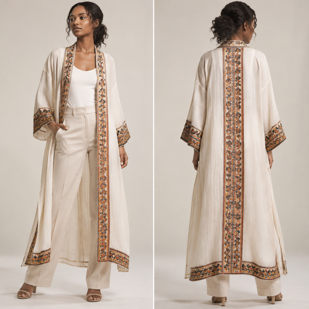 A Coat design, with a light, flowing drape, suitable for Summer. Ethiopia fashion aesthetics. Present it as professional fashion catalogue photography: the garment is the subject, shown full-length with editorial styling, neutral posing and tasteful, non-suggestive framing.
photorealistic fashion design, A Coat design, with a light, flowing drape, suitable for Summer. Ethiopia fashion aesthetics. Present it as professional fashion catalogue photography: the garment is the subject, shown full-length with editorial styling, neutral posing and tasteful, non-suggestive framing., just the design no text