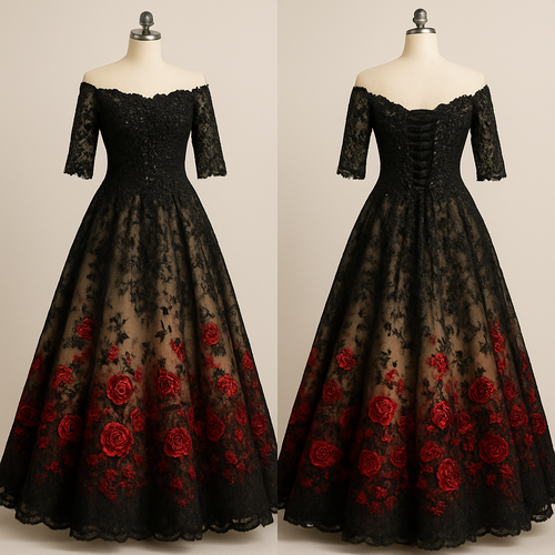 Lace Black A-line ankle length off-the-shoulder 1/3 lace sleeves wedding dress with champagne underlining. Corset back, with embroidered sequin beading on the top. The bottom fades into red with embroidered red sequined roses.