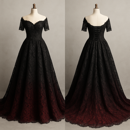 Black lace wedding dress with long train. Shoulder sleeves, corset back, with the bottom of the dress fading into a deep red color.