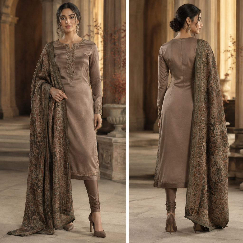 A Salwar Kameez design, made of Satin, with a soft, cosy hand, with a Bodycon silhouette, styled in layers, in an Earth Tones color palette, for Formal, suitable for Fall, suited to a Cold climate, in Formal style, shown on a model with medium skin tone. LY fashion aesthetics. Present it as professional fashion catalogue photography: the garment is the subject, shown full-length with editorial styling, neutral posing and tasteful, non-suggestive framing.
photorealistic fashion design, A Salwar Kameez design, made of Satin, with a soft, cosy hand, with a Bodycon silhouette, styled in layers, in an Earth Tones color palette, for Formal, suitable for Fall, suited to a Cold climate, in Formal style, shown on a model with medium skin tone. LY fashion aesthetics. Present it as professional fashion catalogue photography: the garment is the subject, shown full-length with editorial styling, neutral posing and tasteful, non-suggestive framing., formal style, just the design no text