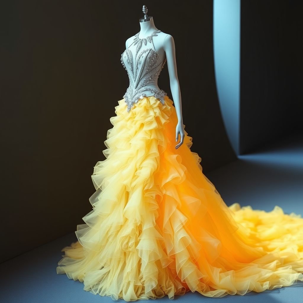 Let’s create a beautiful gown with a very sculptural bodice and a big fluffy skirt with a slit up to the mid thigh. The skirt is ruffled tulle and has a train that’s about 8 inches out. It’s sunset yellow and very luxurious with 3D architectural designs. Give it an unusual look. Keep the top structured and clean
Design an exquisite haute couture gown featuring a masterfully sculpted bodice, reminiscent of contemporary architecture, with sharp lines and intricate embellishments. The voluminous skirt, crafted from ethereal ruffled tulle, cascades down with a dramatic 8-inch train, glowing in sunset yellow. Incorporate an unexpected asymmetrical slit, enhancing elegance while maintaining structural integrity.