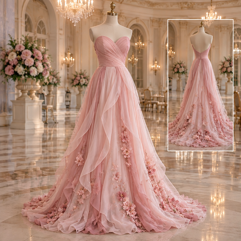 Strapless sweetheart neckline instead an with more of a chiffon Material flowing with different shades of pink
edit the attached fashion design with these instructions: Strapless sweetheart neckline instead an with more of a chiffon Material flowing with different shades of pink. keep it photorealistic, just the design no text