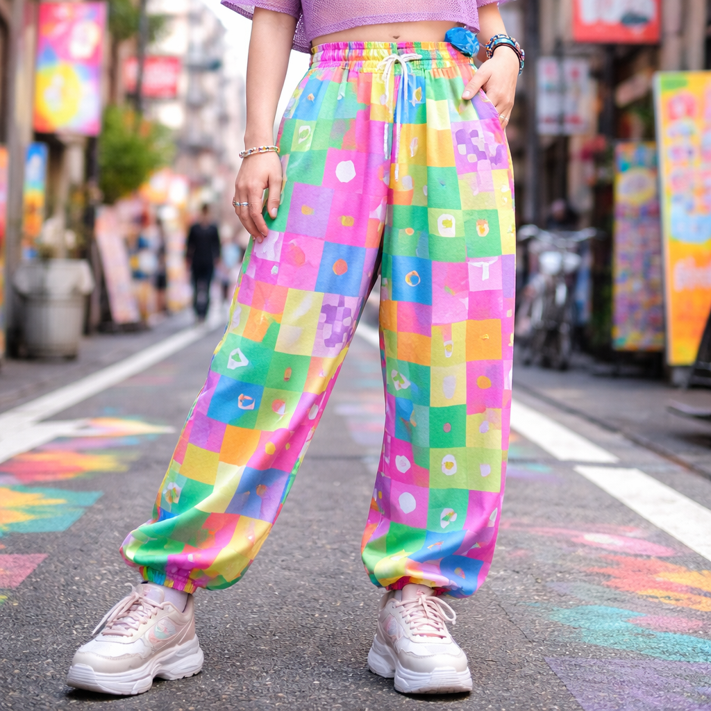 neon candy land board game themed pants
Japanese Street fashion design: Loose cotton pants, vibrant neon colors, scattered geometric patterns like board game squares, high-waisted, oversized fit.