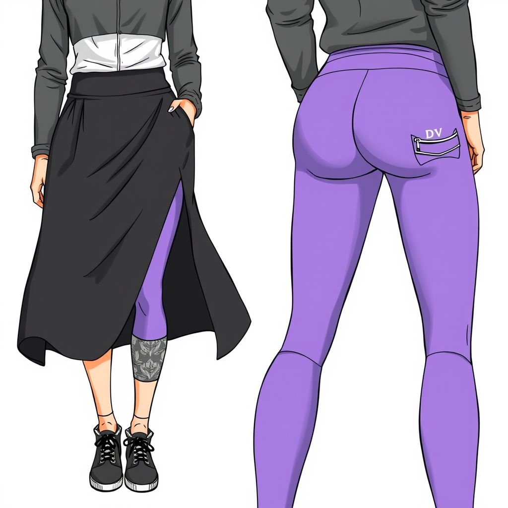 Women midi skirts with leggings under with “DV” embroidered on pocket. black and lavender
Design a sporty, chic look featuring a flowing midi skirt in a sleek black fabric, perfectly paired with form-fitting lavender leggings that enhance movement. The ensemble showcases “DV” embroidered on a stylish side pocket. Add sporty elements like breathable fabrics, bold patterns, and functional zippers to elevate the athletic vibe.