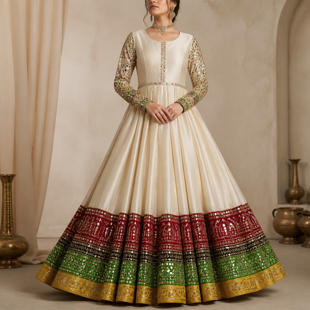 Ivory colour raw silk Anarkali with full sleeves..give mustard yellow brocade border of 3 inches at the bottom of the anarkali and above it bright green mirror work border of 5 inches and above it black katha work border of 2 inches and above it bright reddish maroon border with katha work of 7 inches...Give a heavy flare to the anarkali and sleeves should have full mirror work in the colours of the borders used at the bottom of the anarkali...and the entire outfit should be well fitted. Design with modest coverage.
photorealistic fashion design, Ivory colour raw silk Anarkali with full sleeves..give mustard yellow brocade border of 3 inches at the bottom of the anarkali and above it bright green mirror work border of 5 inches and above it black katha work border of 2 inches and above it bright reddish maroon border with katha work of 7 inches...Give a heavy flare to the anarkali and sleeves should have full mirror work in the colours of the borders used at the bottom of the anarkali...and the entire outfit should be well fitted. Design with modest coverage., just the design no text