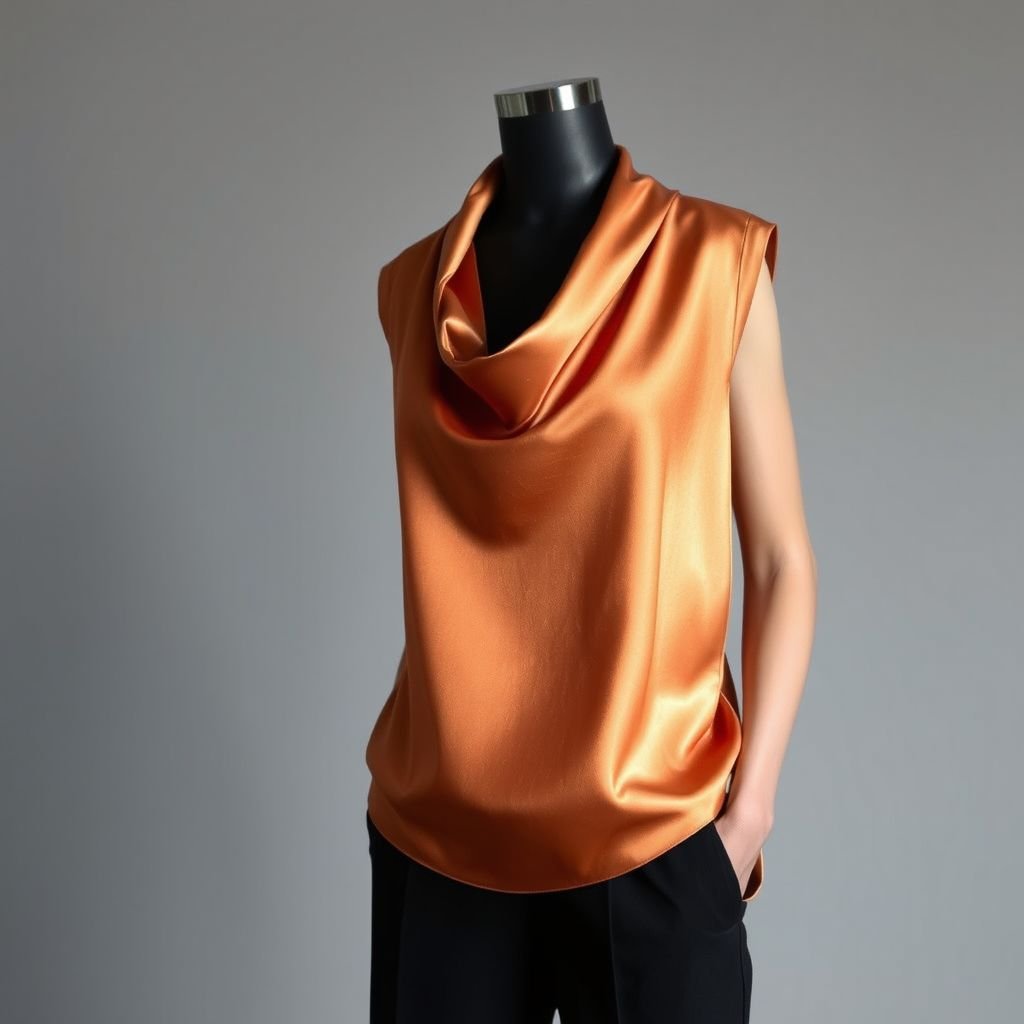 Sleeveless Cowl-Neck Blouse Style: • Slightly loose fit • Cowl neck that softly drapes in front • Sleeveless with clean bias-bound armholes • Hip length or cropped • Cut on the bias for maximum drape and movement. the colour of the fabric is copper coin and the fabric is silk satin
Imagine a luxurious sleeveless cowl-neck blouse in luminous copper coin silk satin. With a slightly loose fit, it drapes gracefully at the front, mirroring soft waves. The clean bias-bound armholes offer elegance, while the hip-length design enhances fluid movement. Perfectly pairs with tailored trousers for a sophisticated evening look.