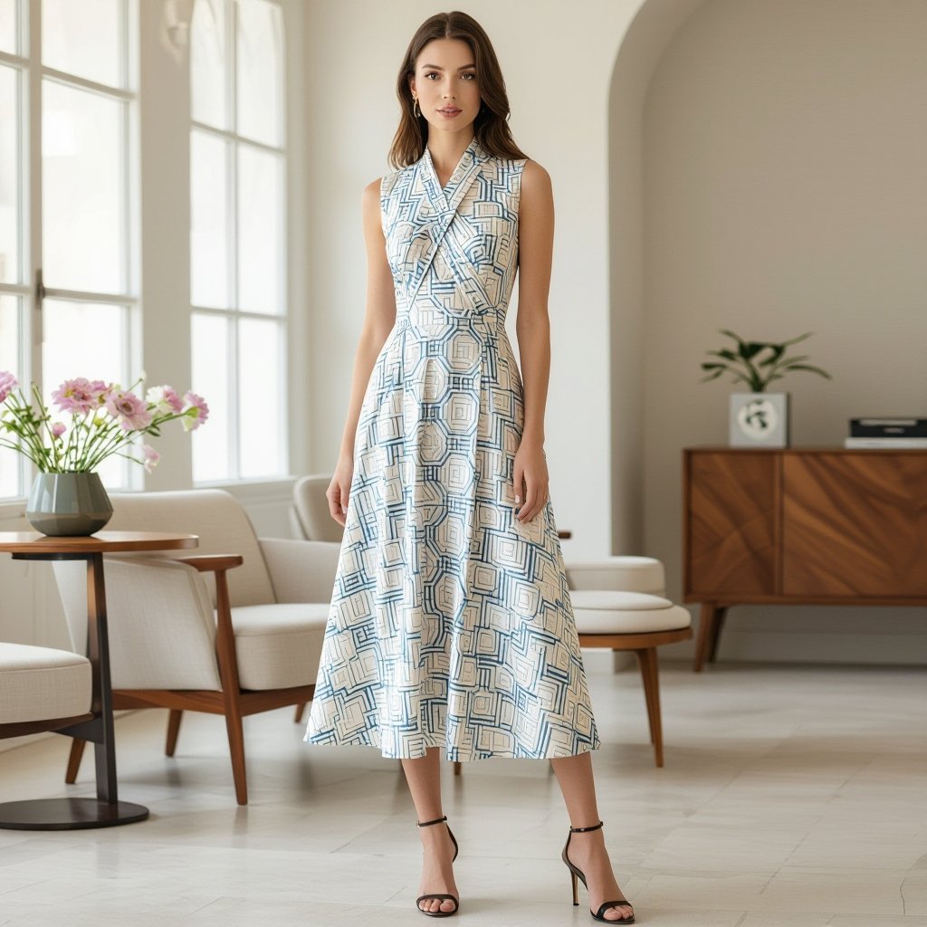 Longue robe, brocard, au niveau de la poitrine sa doit être croiser
Geek Chic fashion: Long silk dress, crossed at the chest, with an A-line shape, featuring a subtle geometric pattern and a high collar.