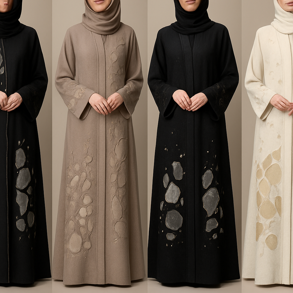 Create a modest elegant abaya dress , the first of its kind, featuring a unique stone design that exudes a classy and sophisticated vibe. I'd like four designs, each showcasing different styles and fabrics. Incorporate high-end, unique chic stone designs to make them truly special. Add little sophisticated stone designs. Make 4 options
Create a modest elegant abaya dress , the first of its kind, featuring a unique stone design that exudes a classy and sophisticated vibe. I'd like four designs, each showcasing different styles and fabrics. Incorporate high-end, unique chic stone designs to make them truly special. Add little sophisticated stone designs. Make 4 options