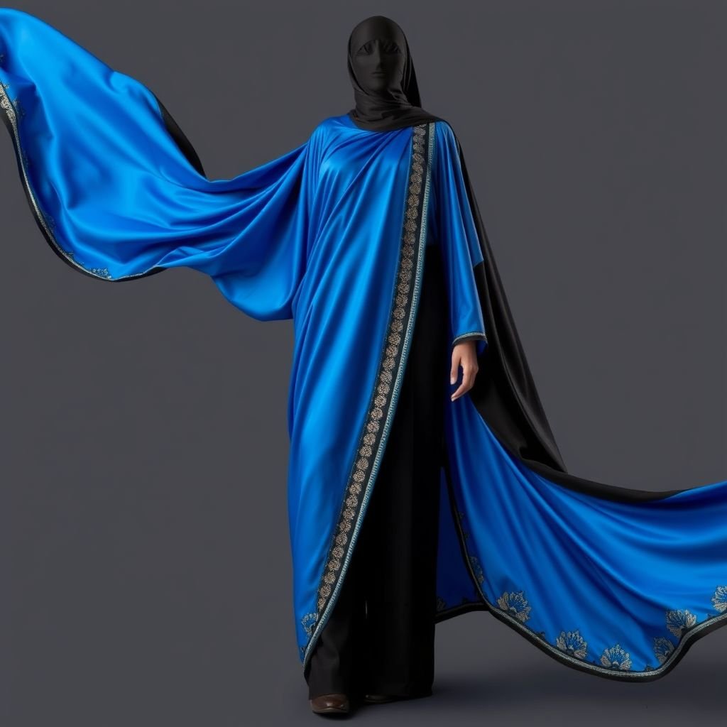 Blue light with black stripes abaya and trouser
Imagine a stunning abaya crafted from flowing silk, its electric blue hue radiating elegance, contrasted by sleek black stripes that cascade vertically, symbolizing harmony and strength. Paired with tailored black trousers, the outfit features intricate gold embroidery along the edges, embodying modern artistry while celebrating rich cultural heritage. Perfect for sophisticated occasions.