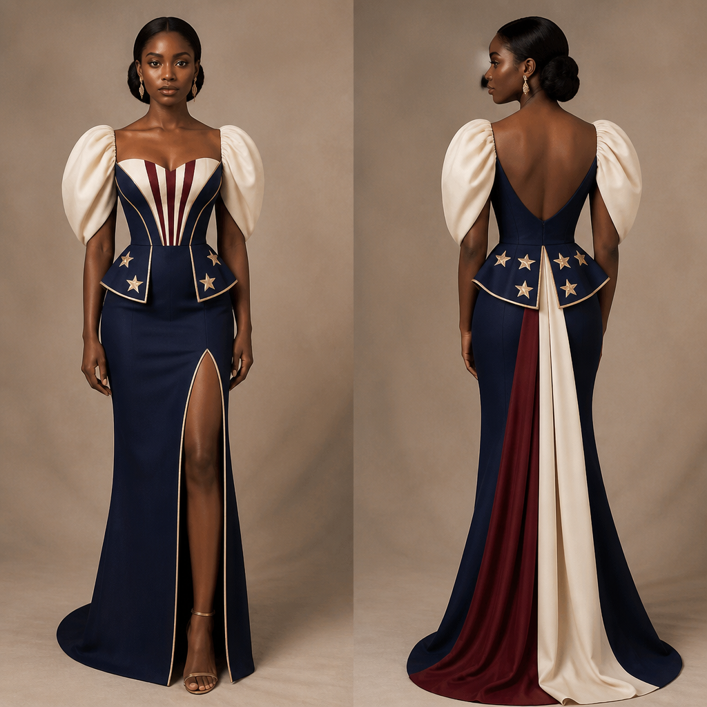 A Dress design, in Elegant + Americana + Luxury style. Nigeria fashion aesthetics.
photorealistic fashion design, A Dress design, in Elegant + Americana + Luxury style. Nigeria fashion aesthetics., elegant style, just the design no text, show front and back