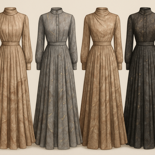 Create a modest two-piece long dress and shirt using symmetric pleat and silk, the first of its kind, featuring a unique stone design that exudes a classy and sophisticated vibe. I'd like four designs, each showcasing different styles and fabrics. Incorporate high-end, unique chic stone designs to make them truly special. Add little sophisticated stone designs.