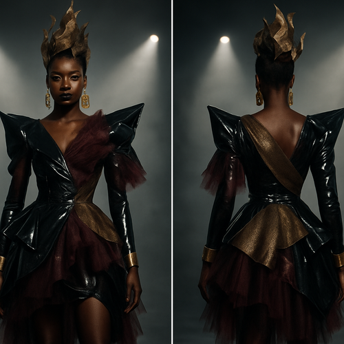 A futuristic, high-fashion Halloween outfit designed for a young Ghanaian fashion designer with an avant-garde flair. The look is dramatic, artistic, and couture-inspired — blending dark elegance with creative rebellion. She wears an asymmetrical structured outfit made from layers of glossy black vinyl, deep burgundy tulle, and metallic gold mesh. The silhouette is bold — exaggerated shoulders, sculpted sleeves, and a cinched waist with architectural draping. Accessories include oversized gold geometric earrings, statement cuffs, and a sculptural headpiece made of metallic fabric shaped like abstract flames. Her makeup is creative and editorial — bold eyeliner, metallic gold highlights, and dark glossy lips. The background is minimal but moody, featuring spotlights, fog, and soft reflections that enhance the avant-garde mood. The overall feel is artistic, fearless, and unapologetically stylish — a Halloween look that celebrates creativity over costume.