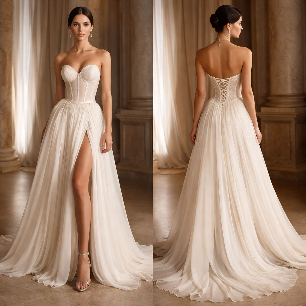 A floor-length couture gown crafted from flowing silk chiffon, featuring a sculpted corset bodice and a deep side slit. Designed to enhance feminine elegance with effortless movement and a timeless silhouette.
A floor-length couture gown crafted from flowing silk chiffon, featuring a sculpted corset bodice and a deep side slit. Designed to enhance feminine elegance with effortless movement and a timeless silhouette., classic style, show front and back