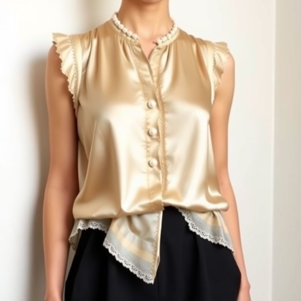 A sleeveless blouse with asymmetrical wavy ends and elastic chest section
Design a classic fashion masterpiece featuring a sleeveless blouse crafted from luxurious silk. The blouse boasts elegant asymmetrical wavy ends that cascade gracefully, while the elasticized chest section ensures a tailored fit. Enhance the piece with delicate lace trim and vintage pearl buttons, evoking timeless sophistication and refined elegance for any occasion.