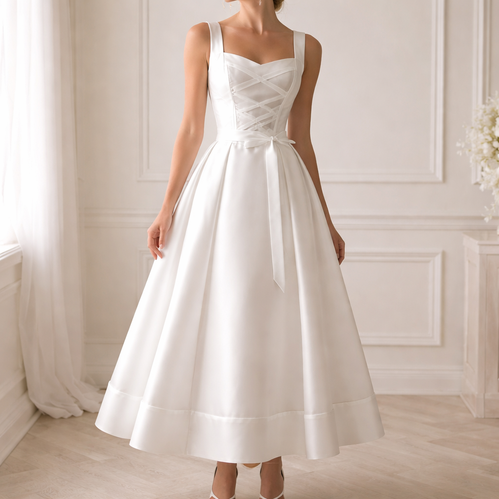 Wedding style dress. White. Silk. Size 14 UK. Corset bodice with thin diagonally criss crossing ribbons. Wide sleeveless straps. Box shaped neck line. A-line ankle length skirt. Thick ribbon around the waist and the hem of the skirt.
Wedding style dress. White. Silk. Size 14 UK. Corset bodice with thin diagonally criss crossing ribbons. Wide sleeveless straps. Box shaped neck line. A-line ankle length skirt. Thick ribbon around the waist and the hem of the skirt.