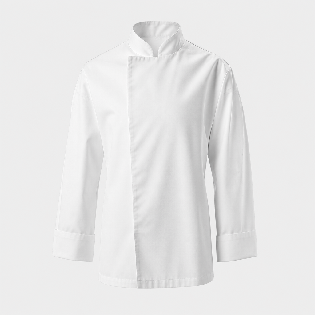 A long sleeved chef jacket in white pattern. ZW fashion aesthetics.
photorealistic fashion design, A long sleeved chef jacket in white pattern. ZW fashion aesthetics., just the design no text