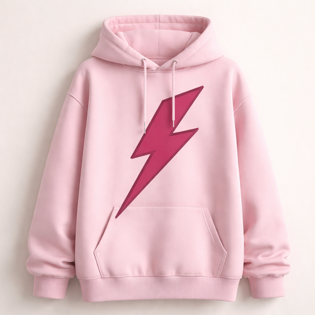 A hoodie that is light pink and with a dark pink lightning bolt
A hoodie that is light pink and with a dark pink lightning bolt