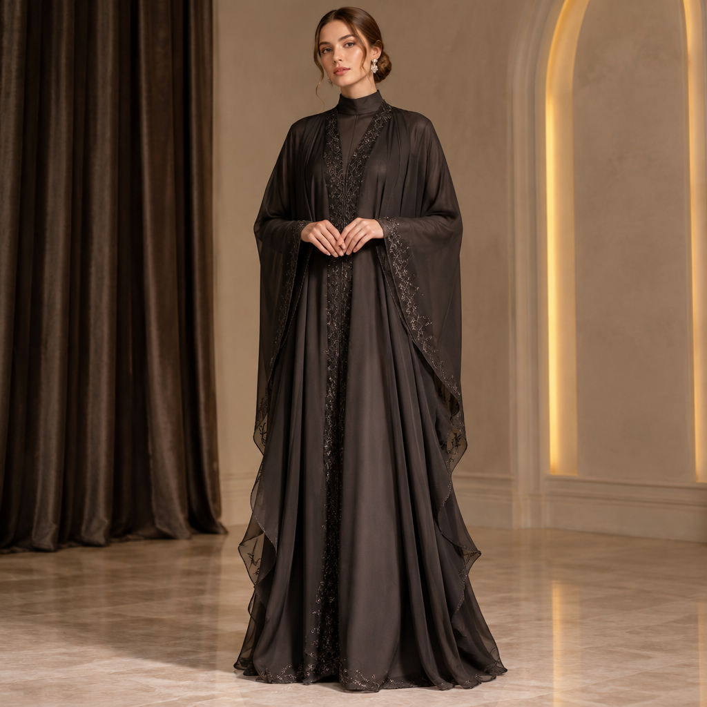A Female Kimono design, made of Chiffon, with a soft, cosy hand, with modest, full coverage: longer hemlines, higher necklines and covered shoulders, in a Monochrome color palette, for Formal, suitable for Fall, in Glamorous style, shown on a model with fair skin and a slim figure Present it as professional fashion catalogue photography: the garment is the subject, shown full-length with editorial styling, neutral posing and tasteful, non-suggestive framing.
photorealistic fashion design, A Female Kimono design, made of Chiffon, with a soft, cosy hand, with modest, full coverage: longer hemlines, higher necklines and covered shoulders, in a Monochrome color palette, for Formal, suitable for Fall, in Glamorous style, shown on a model with fair skin and a slim figure Present it as professional fashion catalogue photography: the garment is the subject, shown full-length with editorial styling, neutral posing and tasteful, non-suggestive framing., glamorous style, just the design no text