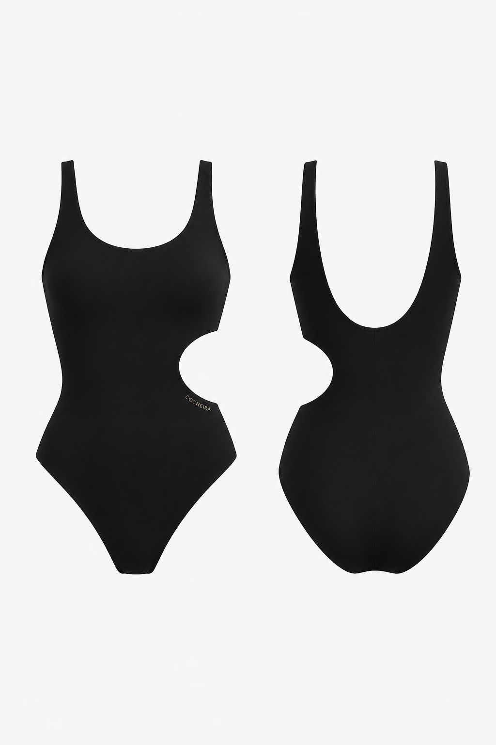 black one-piece swimsuit where a small, elegant C-shaped cut-out sits around the waist/side area. Inside or beside the cut-out is a tiny COCHEIRA wordmark.
black one-piece swimsuit where a small, elegant C-shaped cut-out sits around the waist/side area. Inside or beside the cut-out is a tiny COCHEIRA wordmark.