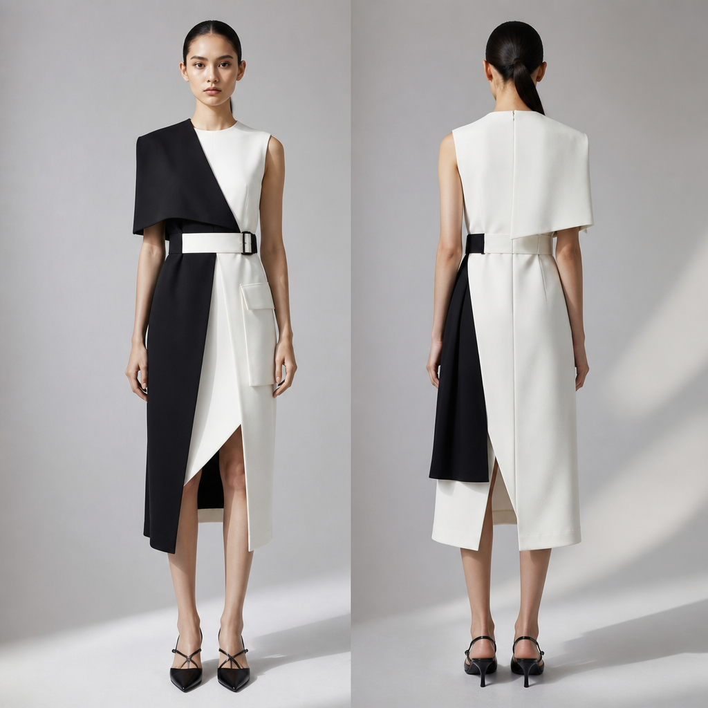 A Female Dress design, suitable for Summer, in Avant-Garde + Office + Monochrome style. CM fashion aesthetics.
photorealistic fashion design, A Female Dress design, suitable for Summer, in Avant-Garde + Office + Monochrome style. CM fashion aesthetics., avant_garde style, just the design no text, show front and back