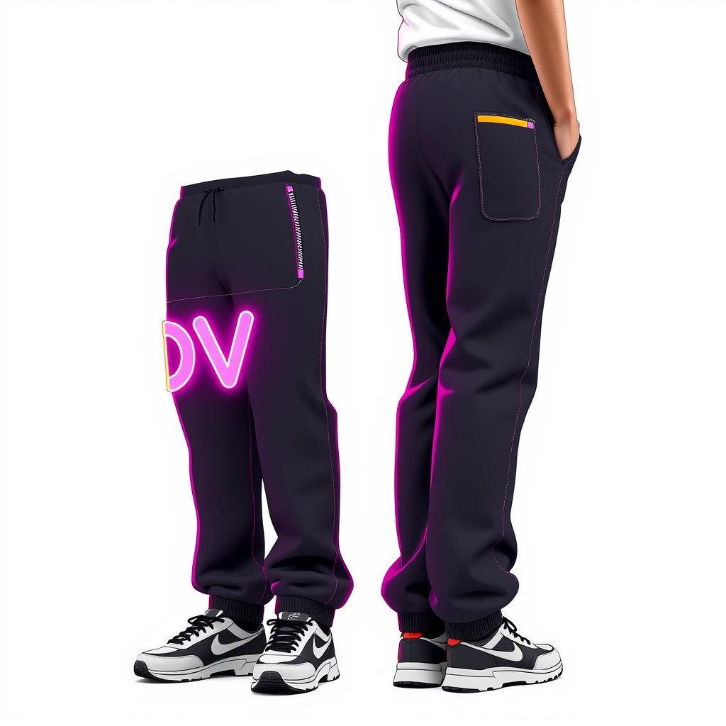 Men sweats, with pockets, that say “DV” “TV”on it
Design a pair of ultra-trendy Y2K-inspired men's sweatpants featuring oversized pockets adorned with the playful graphic prints "DV" and "TV" in vibrant neon colors. Incorporate a relaxed, baggy fit, a drawstring waistband, and contrasting stitching for added flair. Pair with chunky sneakers and a cropped, fitted tee for a complete look!