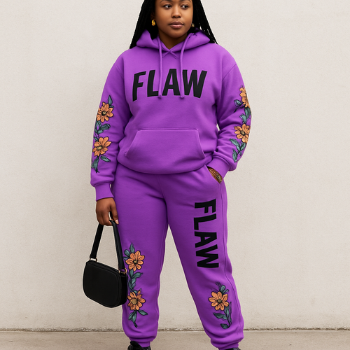 Purple jogging suit hoodie with bold words Flaw in abbreviation on it in Black braids gold hoop earrings and gold bracelet flowers on the sleeves and pants Flaw going down on the pants Black cross body purse and black nike shoes 