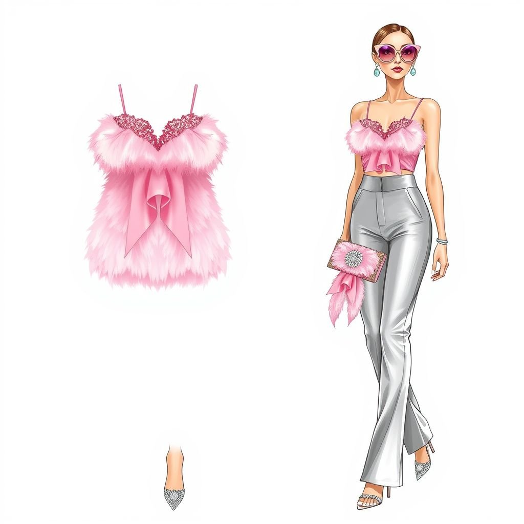 Fur pink spaghetti strap top
Design a luxurious fur pink spaghetti strap top, blending plush texture with elegance. The top features intricate lace detailing along the neckline, accentuating femininity. Pair it with high-waisted metallic silver trousers and platform heels adorned with crystals. Complete the look with oversized pastel sunglasses and a matching feather clutch for a glamorous vibe.