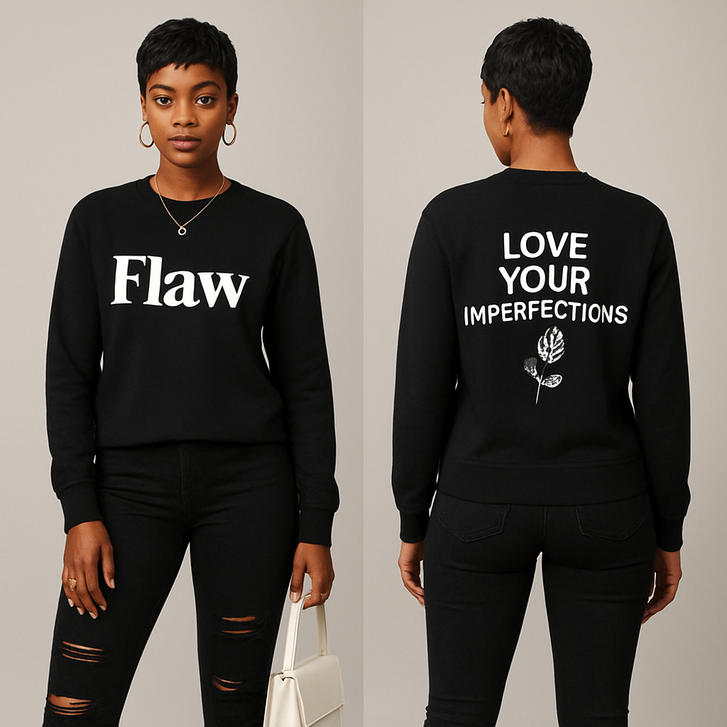Black woman
Pixie cut
Black Long sleeve sweater shirt on the front it says Flaw in white and on the back it says in white Love Your Imperfections 🌹
Tight black ripped jeans
White boot heels
Good jewelry
White purse
Black woman
Pixie cut
Black Long sleeve sweater shirt on the front it says Flaw in white and on the back it says in white Love Your Imperfections 🌹
Tight black ripped jeans
White boot heels
Good jewelry
White purse
, show front and back