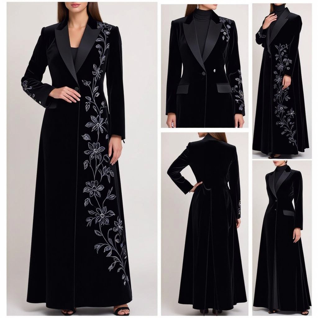 Abaya Blazer Design – Embroidered Black Edition • Outer Fabric: • Velvet (Cotton-Silk Blend Velvet) in deep black. • Rich, luxurious texture with a soft sheen that highlights embroidery beautifully and adds evening sophistication. • Inner Lining: • Silk Satin or Bemberg Rayon in black or dark champagne, providing comfort and a smooth finish. • Key Details: • Straight A-Line cut tailored to ankle length for elegance with practicality. • Classic blazer lapel with sharp finishing, maintaining the formal blazer identity. • Double-breasted closure with covered buttons for a refined, seamless look. • Embroidery: • Elaborate floral and leafy embroidery crafted in black-on-black threads or with a hint of dark metallic accents. • Placement: Flowing down from the shoulder along one side of the chest and extending vertically to the hemline. • Effect: Adds depth and dimension to the solid black fabric, creating a subtle yet striking statement. • Back Design: • The back remains plain velvet, with a small center slit at the hem to ease movement while preserving the blazer cut. ⸻ ✨ Result: A black velvet abaya blazer with intricate embroidery cascading along one side, blending luxury, formality, and femininity. The choice of velvet elevates the design into an evening statement piece — perfect for gala events, high-end gatherings, or formal receptions.
Haute Couture fashion: Black cotton-silk velvet abaya blazer. Straight A-line, ankle length. Classic blazer lapel, double-breasted closure with covered buttons. Black floral embroidery flows from shoulder to hem on one side. Plain velvet back with slit. Black silk lining.