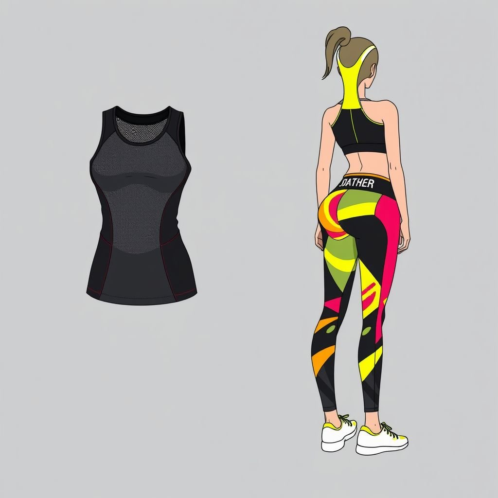 Fitness
Design an innovative fitness outfit that combines functionality and style, featuring high-performance moisture-wicking fabrics. Include a form-fitting, breathable tank top with mesh panels for ventilation, paired with high-waisted leggings showcasing bold geometric patterns. Add reflective trims for safety during night workouts and striking color-blocking to inspire confidence and energy.