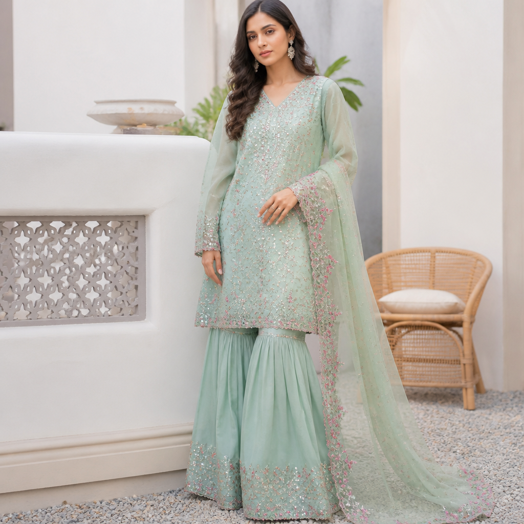 A Female Dress design, suitable for Summer. Consider Pakistani fashion — shalwar kameez, gharara, sharara; lawn fabrics, chiffon; intricate embroidery and mirror work. Current season is Summer in Pakistan.
photorealistic fashion design, A Female Dress design, suitable for Summer. Consider Pakistani fashion — shalwar kameez, gharara, sharara; lawn fabrics, chiffon; intricate embroidery and mirror work. Current season is Summer in Pakistan., just the design no text