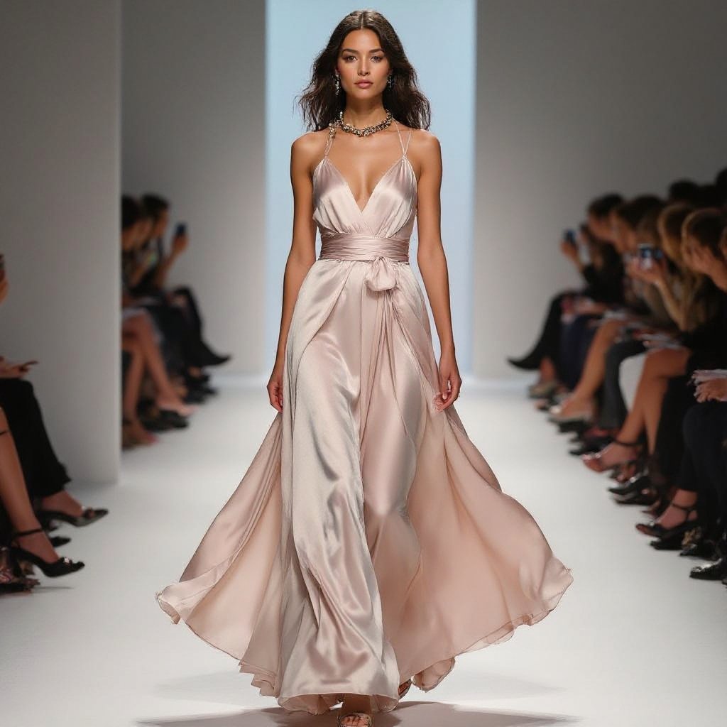 Make a dress for prom, beautiful, like a cloud with a snake necklace, hair wavy
A flowing silk dress, floor-length, with a cinched waist. Accessorize with a snake necklace. Wavy hair.