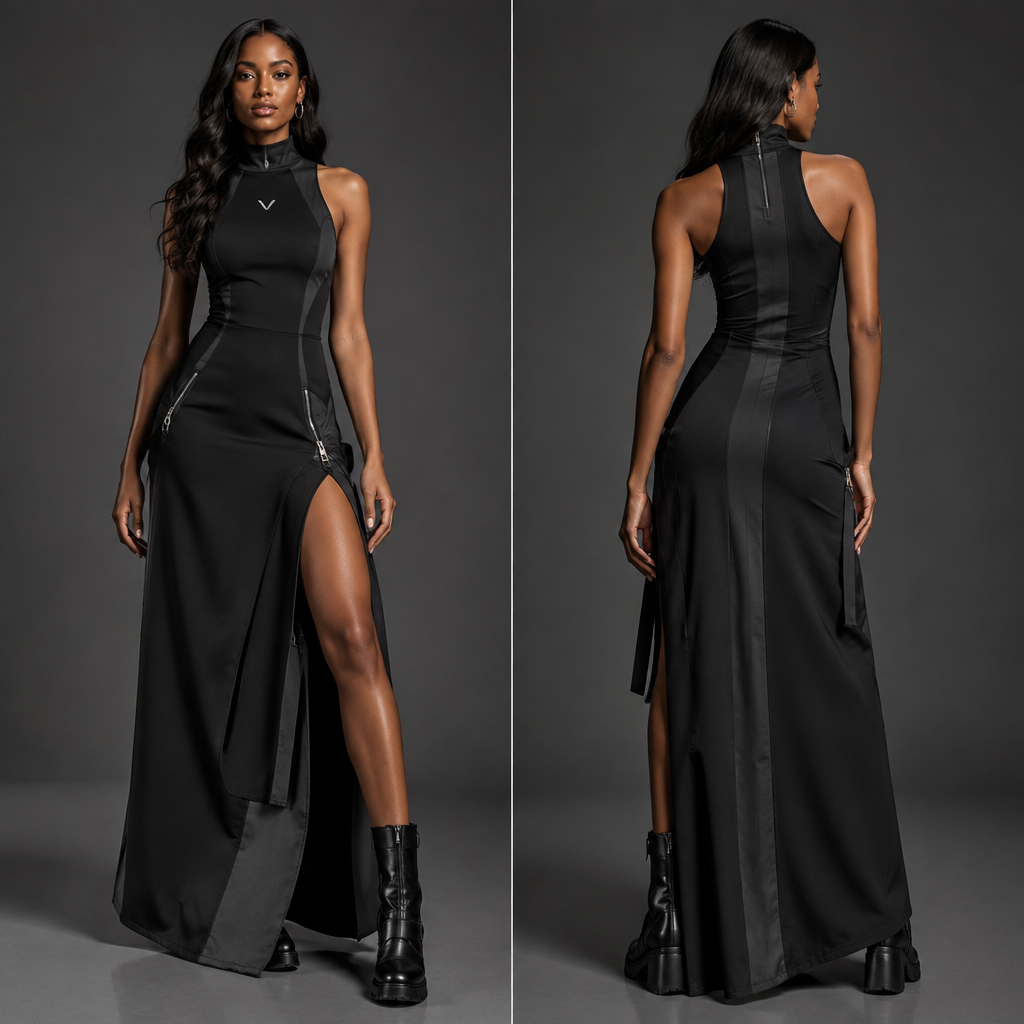 A Female Dress design, made of Silk, with a light, flowing drape, with a Tailored silhouette, with a minimal-coverage cut, in a Jewel Tones color palette, for Date Night, in Glamorous style. Create a premium VANTA women's streetwear dress with a modern fitted silhouette and a slightly relaxed, structured feel. Use high-quality matte black fabric with subtle charcoal panels and clean architectural seam lines. Add a small VANTA logo on the upper chest and a subtle metallic-silver “BEYOND ORDINARY” detail near the lower side. Include functional utility-inspired details such as discreet zip pockets and refined silver hardware. The design should feel futuristic, confident, urban, minimal, and luxurious while remaining comfortable and wearable. No excessive patterns or decorations. Make the garment look like a real high-end fashion product with realistic fabric texture, stitching, construction, and professional studio presentation.Create a premium VANTA women's streetwear dress with a modern fitted silhouette and a slightly relaxed, structured feel. Use high-quality matte black fabric with subtle charcoal panels and clean architectural seam lines. Add a small VANTA logo on the upper chest and a subtle metallic-silver “BEYOND ORDINARY” detail near the lower side. Include functional utility-inspired details such as discreet zip pockets and refined silver hardware. The design should feel futuristic, confident, urban, minimal, and luxurious while remaining comfortable and wearable. No excessive patterns or decorations. Make the garment look like a real high-end fashion product with realistic fabric texture, stitching, construction, and professional studio presentation.. South Africa fashion aesthetics. Present it as professional fashion catalogue photography: the garment is the subject, shown full-length with editorial styling, neutral posing and tasteful, non-suggestive framing.
photorealistic fashion design, A Female Dress design, made of Silk, with a light, flowing drape, with a Tailored silhouette, with a minimal-coverage cut, in a Jewel Tones color palette, for Date Night, in Glamorous style. Create a premium VANTA women's streetwear dress with a modern fitted silhouette and a slightly relaxed, structured feel. Use high-quality matte black fabric with subtle charcoal panels and clean architectural seam lines. Add a small VANTA logo on the upper chest and a subtle metallic-silver “BEYOND ORDINARY” detail near the lower side. Include functional utility-inspired details such as discreet zip pockets and refined silver hardware. The design should feel futuristic, confident, urban, minimal, and luxurious while remaining comfortable and wearable. No excessive patterns or decorations. Make the garment look like a real high-end fashion product with realistic fabric texture, stitching, construction, and professional studio presentation.Create a premium VANTA women's streetwear dress with a modern fitted silhouette and a slightly relaxed, structured feel. Use high-quality matte black fabric with subtle charcoal panels and clean architectural seam lines. Add a small VANTA logo on the upper chest and a subtle metallic-silver “BEYOND ORDINARY” detail near the lower side. Include functional utility-inspired details such as discreet zip pockets and refined silver hardware. The design should feel futuristic, confident, urban, minimal, and luxurious while remaining comfortable and wearable. No excessive patterns or decorations. Make the garment look like a real high-end fashion product with realistic fabric texture, stitching, construction, and professional studio presentation.. South Africa fashion aesthetics. Present it as professional fashion catalogue photography: the garment is the subject, shown full-length with editorial styling, neutral posing and tasteful, non-suggestive framing., glamorous style, just the design no text, show front and back