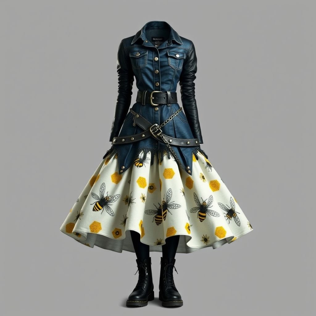 A honey bee & honey comb themed spring day dress.
Design a punk-inspired spring day dress featuring a honey bee and honeycomb theme. Incorporate edgy elements like a distressed denim bodice, bold black leather accents, and a voluminous skirt with graphic bee prints. Use metallic studs and chains to embellish, and complete with combat boots for a rebellious twist on femininity.