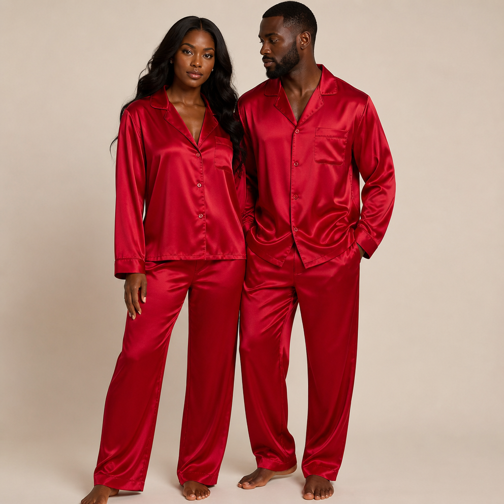 Silk pajama set with black female / black male in matching set in red
photorealistic fashion design, Silk pajama set with black female / black male in matching set in red, just the design no text