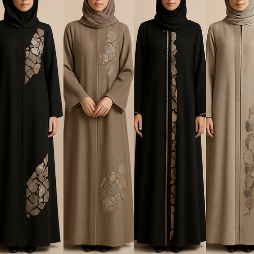 Create a modest abaya that's the first of its kind, featuring a unique stone design that exudes a classy and sophisticated vibe. I'd like four designs, each showcasing different styles and fabrics.
Incorporate high-end, unique chic stone designs to make them truly special. Add a little sophisticated stone work to it.