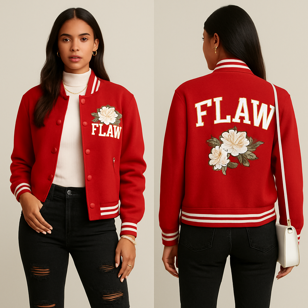 Red letterman jacket with FLAW on it with flowers white turtleneck short sleeves
Gold necklace
Black ripped jeans white heel boots gold rings Gold bracelet
White crossbody purse
Red letterman jacket with FLAW on it with flowers white turtleneck short sleeves
Gold necklace
Black ripped jeans white heel boots gold rings Gold bracelet
White crossbody purse
, streetwear style, show front and back
