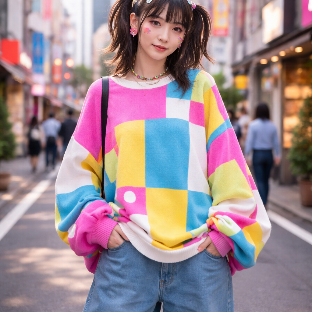 cute chunky neon candy land board game sweater
Japanese Street fashion design: Oversized cotton sweater, vibrant neon pink, blue, and yellow blocks reminiscent of a board game. Dropped shoulders and wide sleeves for a relaxed, playful silhouette, paired with baggy jeans.