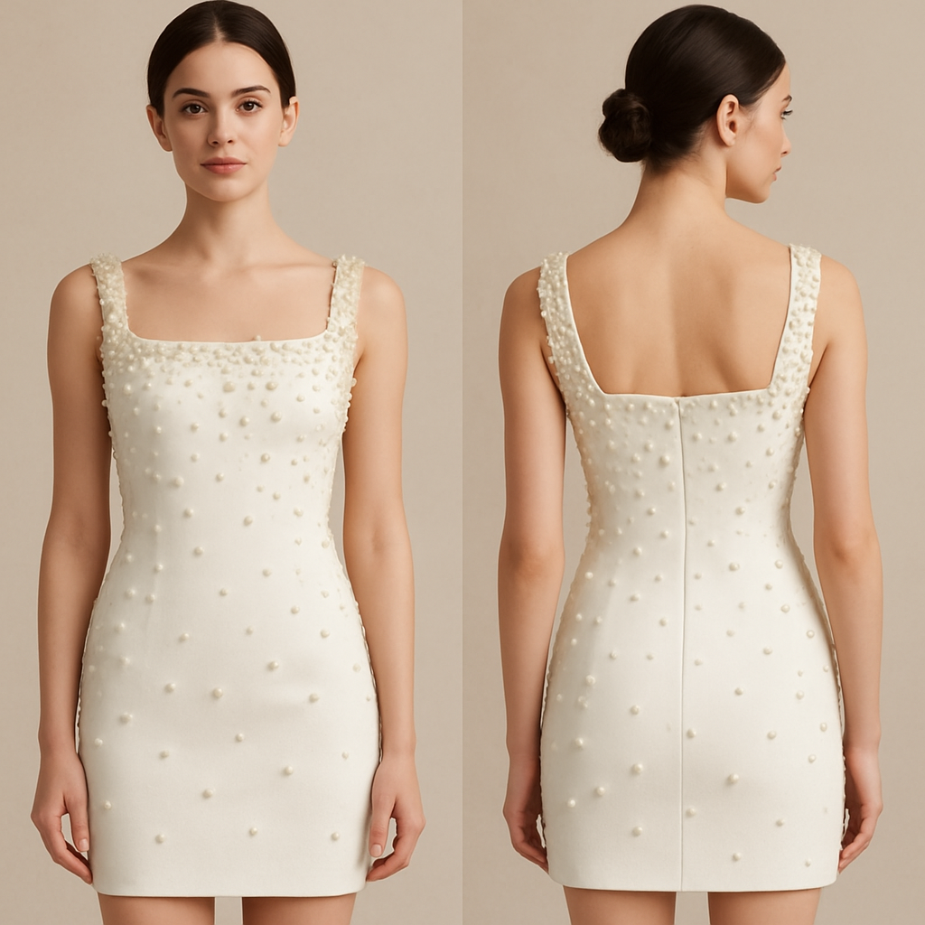 Make a white graduation dress . Above the knee bodycon . The dress must have pearls of different sizes around.
Make a white graduation dress . Above the knee bodycon . The dress must have pearls of different sizes around. , elegant style, show front and back