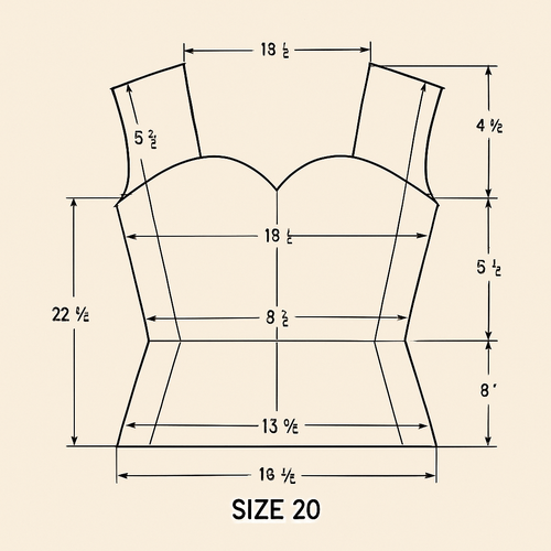 A pattern drafting of a six piece with a sweet heart  neck line, with measurements all around the blouse pattern of a size 20