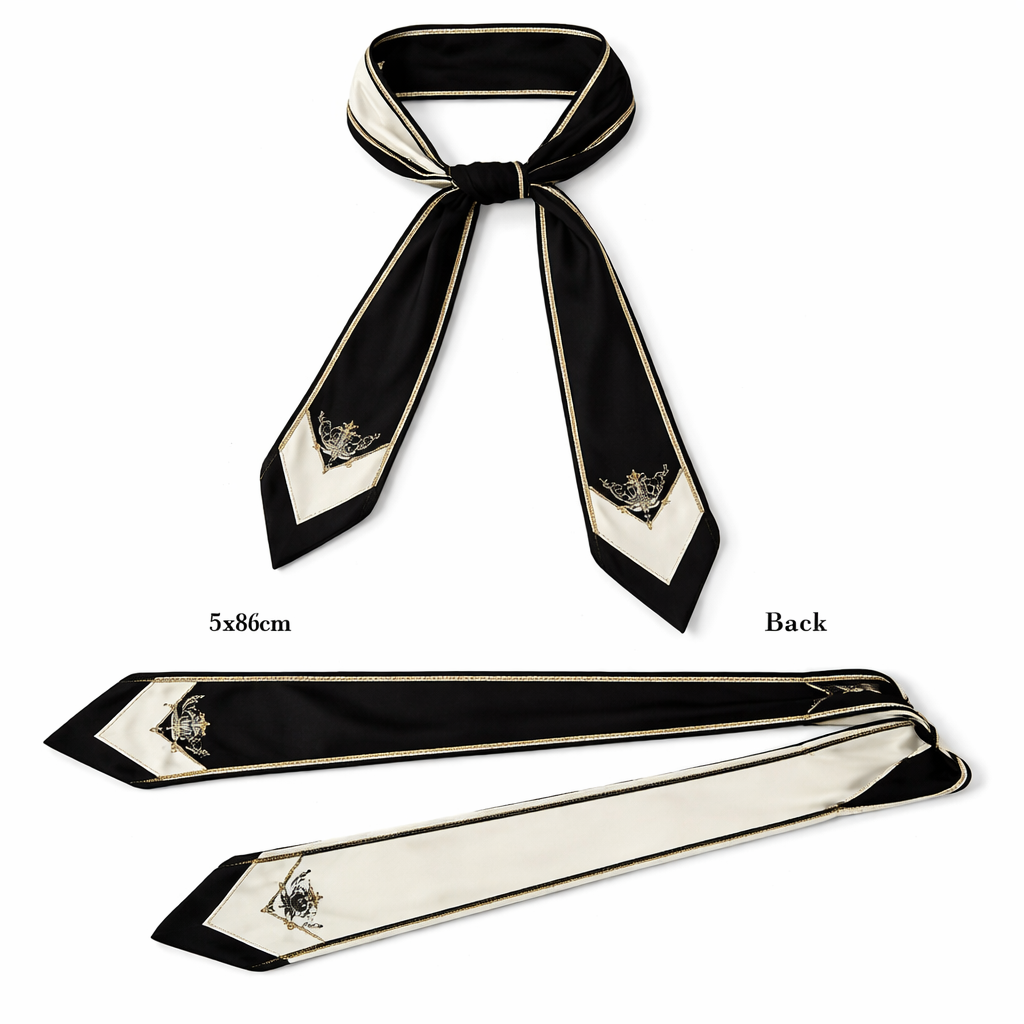 Design a silk scarf that is 5x86cm that is black and white and tailored looking in a layout
Design a silk scarf that is 5x86cm that is black and white and tailored looking in a layout, classic style, show front and back