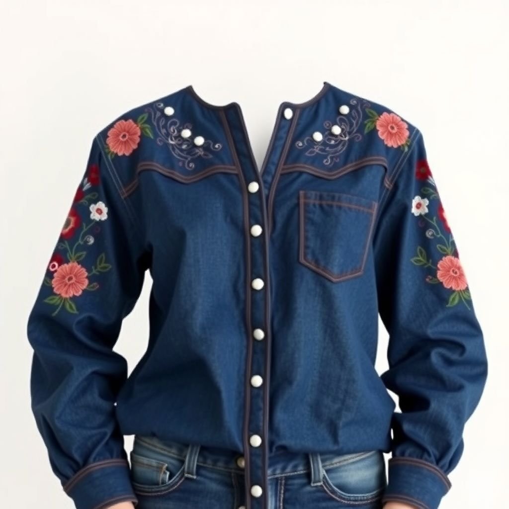 Long sleeve top
Design a long sleeve top in a classic western style, featuring pearl snap buttons and intricate yoke detailing. Use soft, durable denim in a faded indigo hue, adorned with vintage floral embroidery on the sleeves. Incorporate a relaxed fit with cuffed wrists, perfect for pairing with high-waisted cowboy boots.