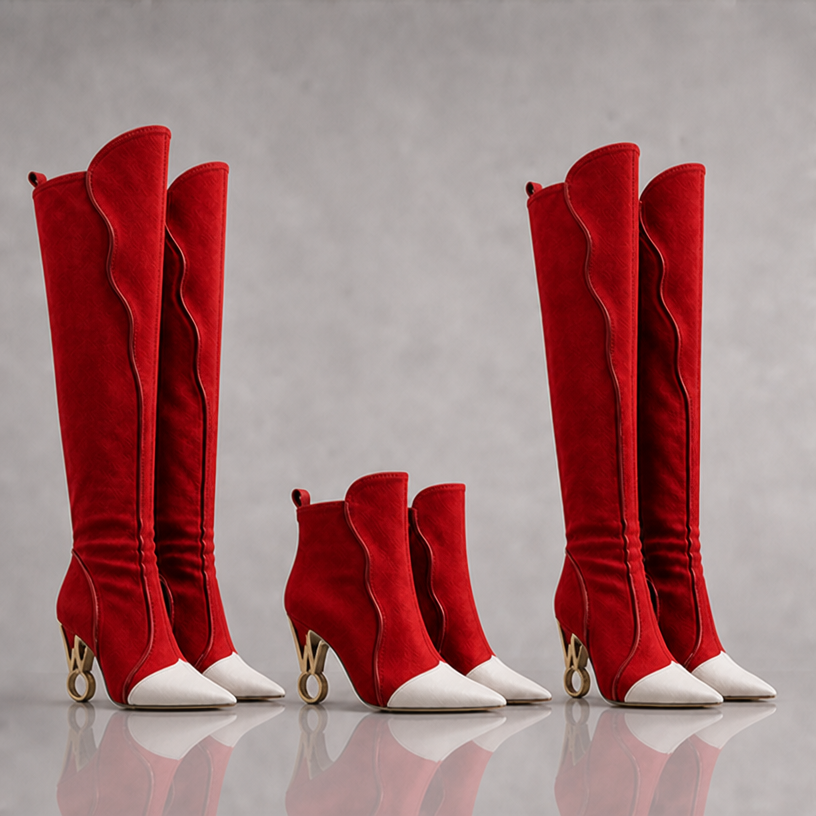 Make in red suede with the pointy
Toes white suede and heels shape with a w and a o
edit the attached fashion design with these instructions: Make in red suede with the pointy
Toes white suede and heels shape with a w and a o. keep it photorealistic, just the design no text
