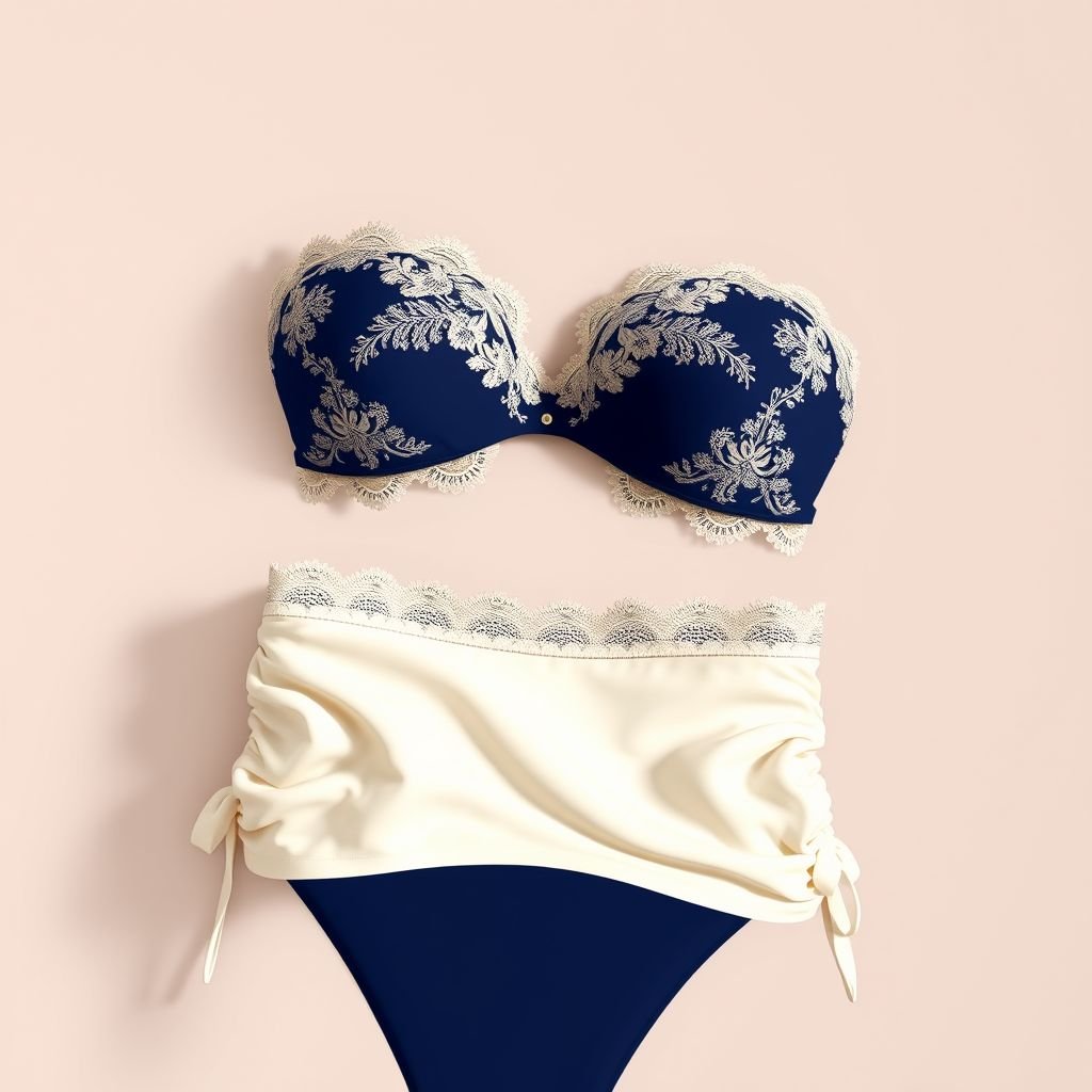 Bikini top and bottom style Ralph Lauren
Design an elegant Ralph Lauren-inspired bikini set, featuring a structured bandeau top adorned with delicate lace detailing and subtle gold accents. The high-waisted bottom echoes vintage sophistication, crafted from luxurious, soft fabric, with graceful ruching at the sides. Evoke timeless glamor with a refined color palette of soft pastels and navy.