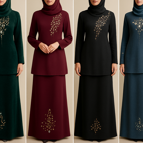 Create me modest two piece that's first in the world, using unique stone design, classy and sophisticated. Keep me 4 designs. Make them rich by adding minimal stone embroidery and stones designs. Showcasing different styles and fabric.