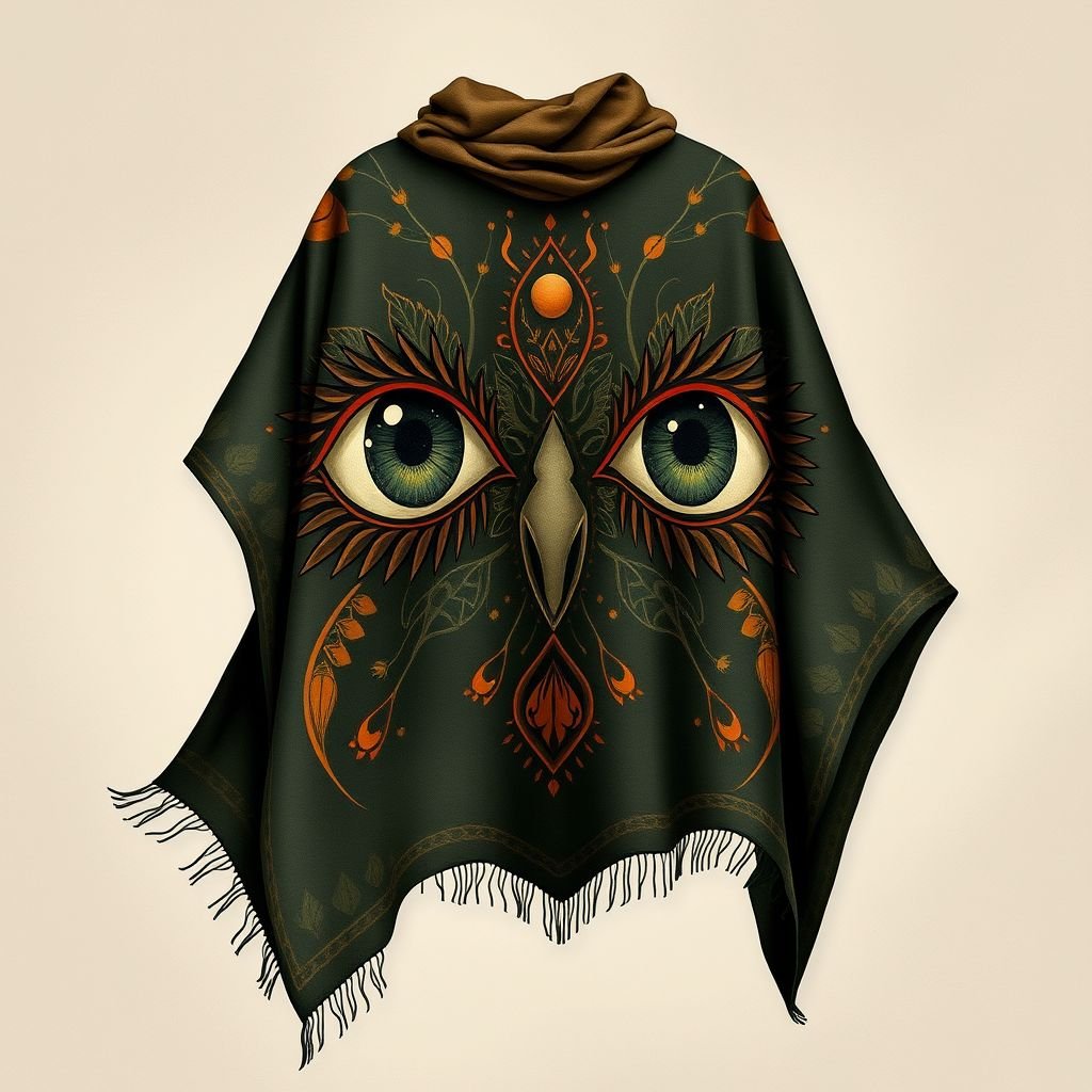 summer boho man dark nood colors poncho which is handpainted of eyes in the nature
Design a summer boho men's poncho featuring a flowing silhouette in dark, muted earthy tones—deep greens, warm browns, and subtle ochres. Hand-painted with whimsical, oversized eyes surrounded by intricate botanical motifs, this unique piece celebrates nature’s mysteries. Soft, breathable fabric drapes effortlessly, evoking a free-spirited, adventurous vibe perfect for summer outings.