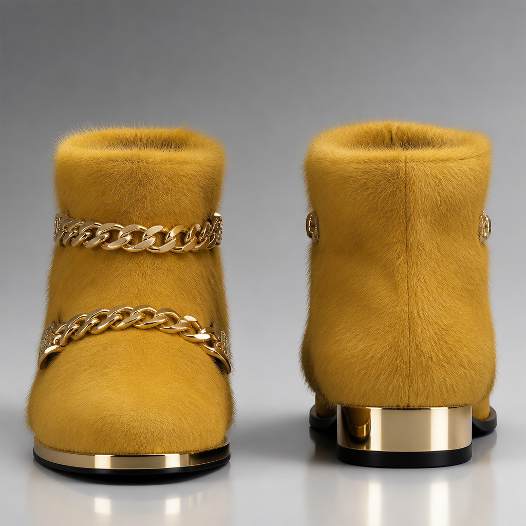 Men’s mustard mink short boots with gold chain instead of laces
photorealistic fashion design, Men’s mustard mink short boots with gold chain instead of laces , haute_couture style, just the design no text, show front and back