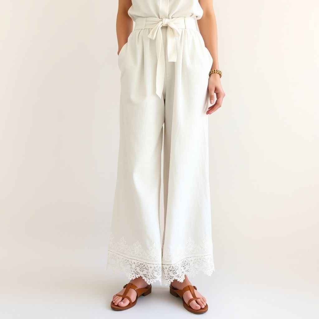 Padelefon summer Pants removal self tie lace belt cotton light
Design a pair of vintage-inspired summer pants, featuring a high-waisted silhouette and wide, flowing legs made from soft, breathable cotton. Adorned with delicate floral lace trim at the hem, they include a removable self-tie lace belt that cinches the waist. Perfect for garden parties or sunny strolls, capturing retro charm effortlessly.