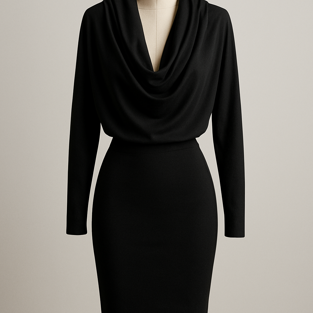 Black long sleeve dress with long loose cowl neck and tight skirt
Black long sleeve dress with long loose cowl neck and tight skirt