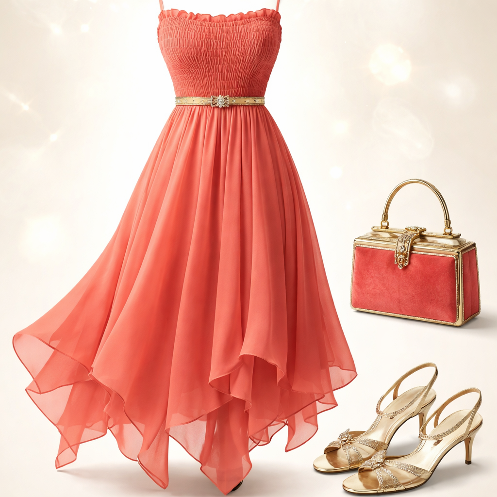A flowing a-line coral Georgette sundress with a smocked bodice and spaghetti straps and a handkerchief hem that hits just below the knee. Add a thin vintage-look metal gold belt with a small rhinestone clasp in the center. Add a vintage look coral velvet box purse with gold trim and gold handle. Add gold kitten heels with rhinestone straps.
A flowing a-line coral Georgette sundress with a smocked bodice and spaghetti straps and a handkerchief hem that hits just below the knee. Add a thin vintage-look metal gold belt with a small rhinestone clasp in the center. Add a vintage look coral velvet box purse with gold trim and gold handle. Add gold kitten heels with rhinestone straps., glamorous style